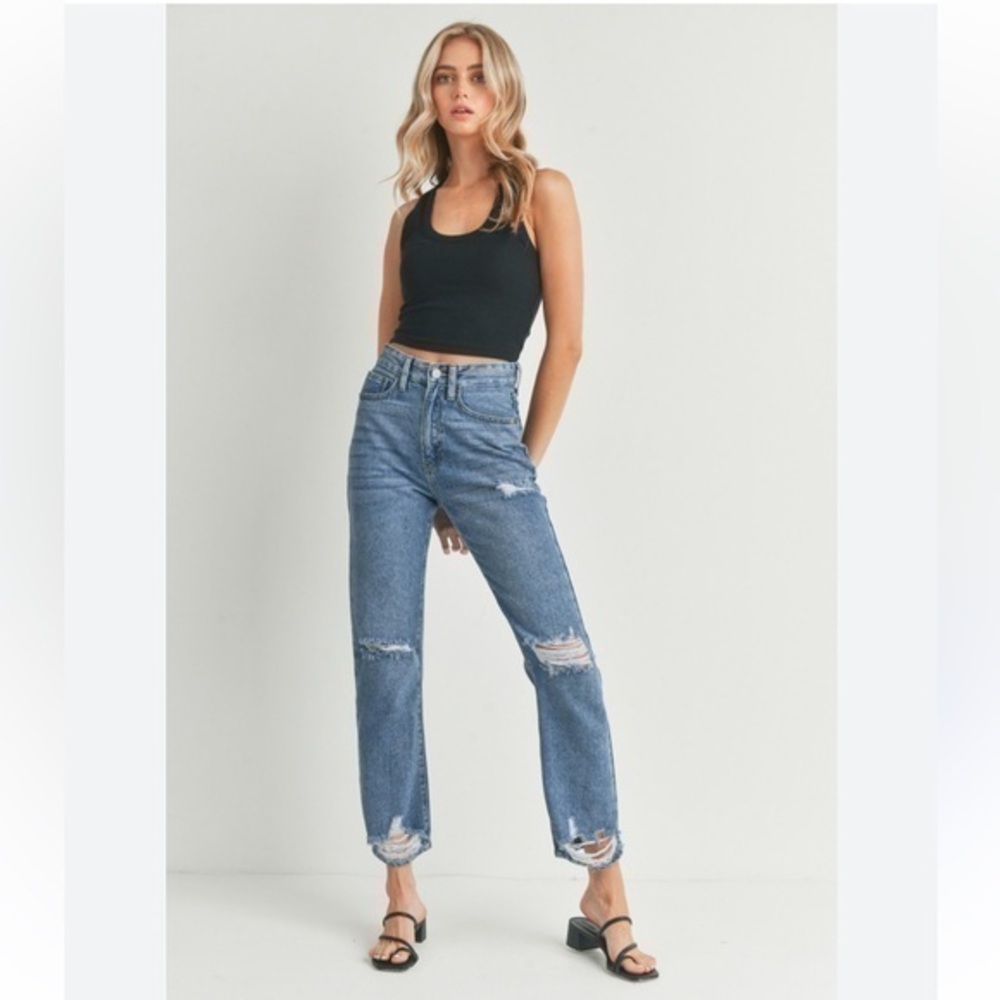 Garage Highrisese Vintage Wash Straight Leg Distressed Blue Organic Cotton Jeans